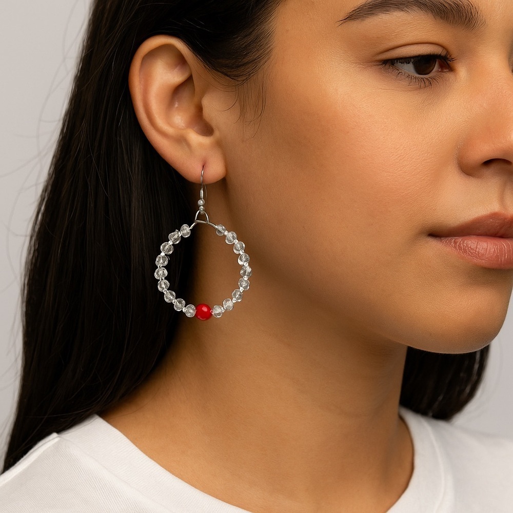 Crystal Hoop Earrings with Red Bead Accent | $7 Add-On | Bundle & Save